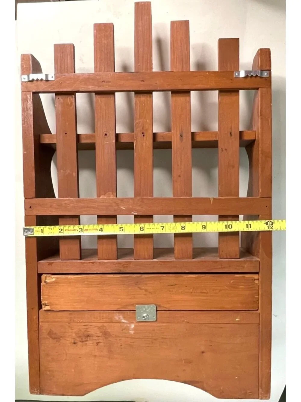 Vintage Handcrafted Wood Wall Organizer Shelf Rack with Drawer 19